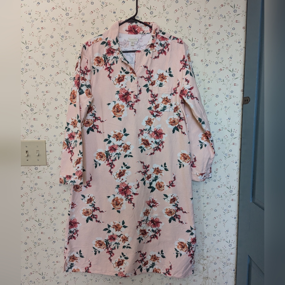 Garnet Hill Flannel Nightgown Traditional Pink Peach Floral Organic Cotton NWOT